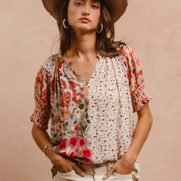 Floral Patchwork Boho Peasant Top | Smocked Sleeve Woven Blouse - Picture 3 of 9